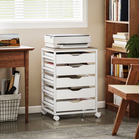 Caisson bureau mobile, meuble rangement sur roulettes bois avec 5 tiroirs, poignées encochées, 50 x 40 x 74,5 cm , blanc (1/5)
