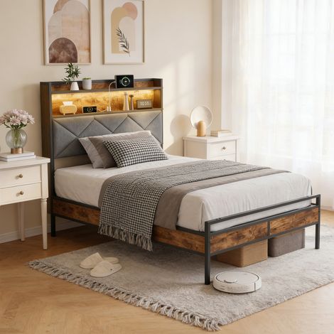 Lit 90x200cm,Lit Metal avec LED et 2 USB/Type-C,Tête de Lit avec Rangements,Cadre de Lit Adulte Adolescent avec Sommier,Lit 1 Place,Tissu Lin,Gris (1/5)
