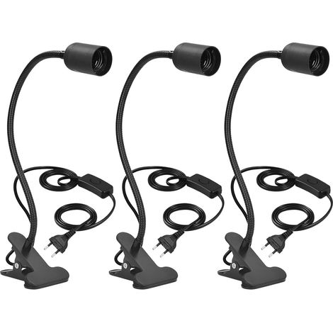 Douille E27 à pince - Lot de 3 - Métal et plastique noir - Col de cygne réglable 360° - Pour bureau, plantes et aquariums - Câble 120 cm