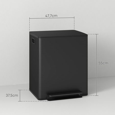 Poubelle à 2 compartiments de 25 L, couvercle à fermeture amortie, anti-traces de doigts, en acier inoxydable noir (1/5)