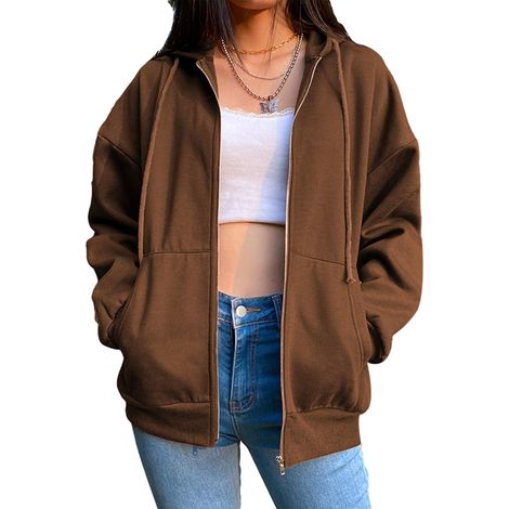 Sweat à capuche zippé oversize décontracté à manches longues pour femme, style années 2000, inspiré des années 90 et du look e-girl vintage. (1/5)