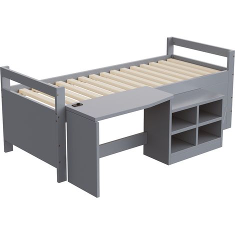 Lit enfant 90 x 200 cm avec rangements, bureau et prises, gris (1/5)