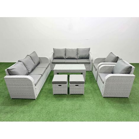 Fimous PE Rattan High Back Lounge Sofa Set Patio Oblong Coffee Table & Chairs Set with 3 Seater Sofa Reclining Chair Stools Light Grey (1/4)