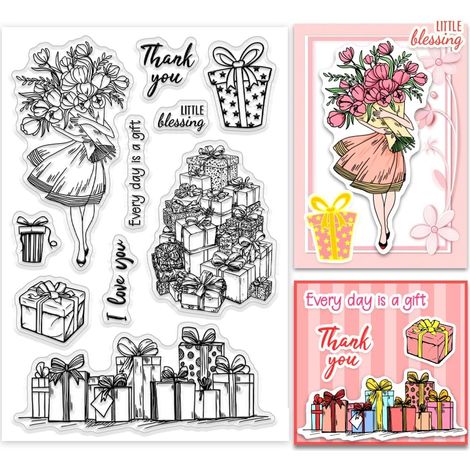 Tampon Transparent Cadeau Tampon en Silicone pour Boîte Cadeau Mots de Bouquet Tampon en Caoutchouc Transparent pour été Fête des Mères Scrapbooking Cartes Étiquettes Cadeaux (1/5)