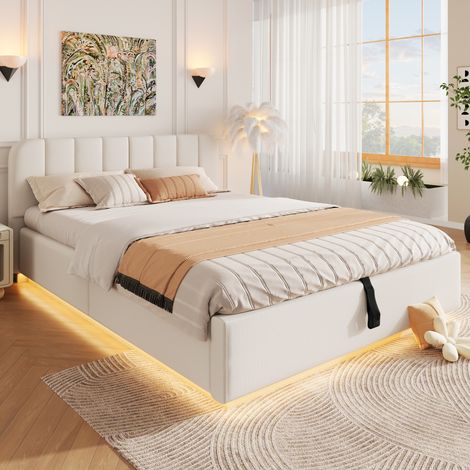 Lit coffre rembourré en chenille 140x200 cm, lit double avec rangement hydraulique, LED, tête de lit capitonnée et sommier à lattes, Beige (1/5)