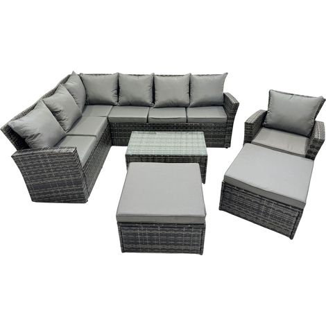 Fimous 9 Seat Rattan High Back Corner Sofa Set Patio Coffee Table Set with 2 Big Stools Dark Grey Mixed (1/5)