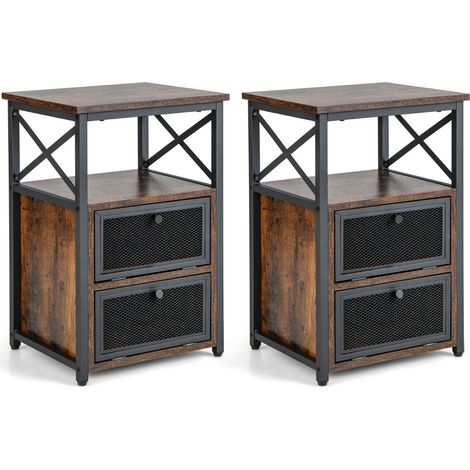 Set 2 Comodini moderni con 2 cassetti ripiano aperto, Tavolini industriali da divano a 3 livelli in metallo Marrone (1/5)
