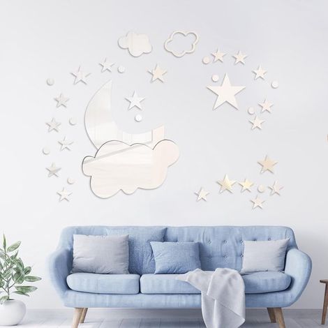 36 pegatinas de pared de espejo acrílico，pegatinas de pared de espejo de nube plateada，pegatinas de espejo acrílico 3D