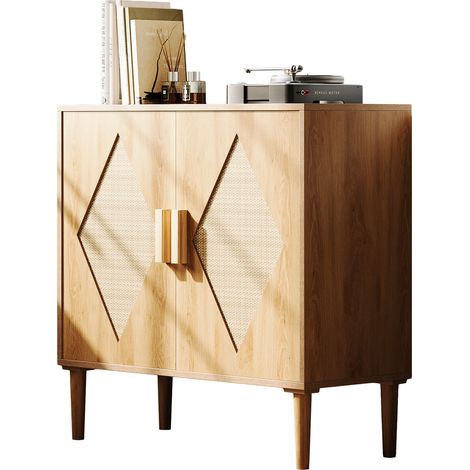 Storage Cabinet - Rattan Doors - Wood Color, 2 Doors, Particleboard - for Living Room, Bedroom, Study (1/5)