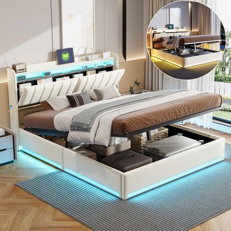 Lit 140x200 Coffre LED,Tête de Lit Capitonné avec Rangement et USB/Type-C,Cadre de Lit Double avec Sommier a Lattes,Lits pour Adulte Adolescent,Velours Beige (1/5)