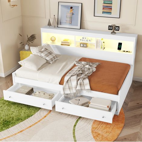 Tagesbett 90/200 cm weiß aus Spanplatte und MDF mit LED-Beleuchtung und USB-Anschlüssen (1/5)