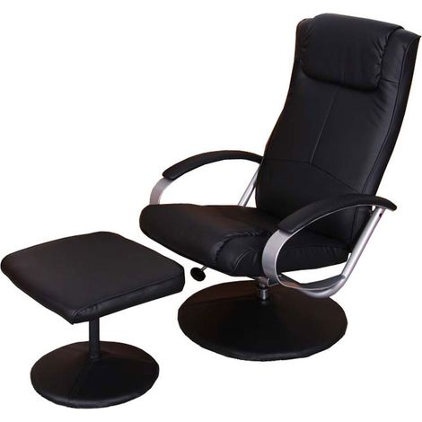 Fauteuil de relaxation N44, avec pouf, pivotant, simili-cuir, noir