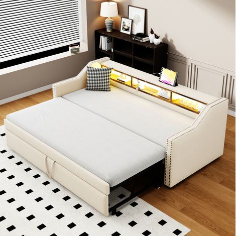 Lit banquette escamotable 90/180 x 190 cm beige, tissu effet lin, sommier à lattes, USB et rangements latéraux (1/5)