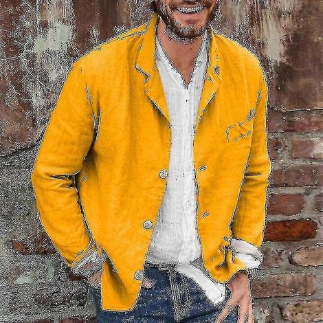 Freizeit-Leinenanzugjacke für Herren, Button-Down-Kragen, und (XL Gelb) (1/2)