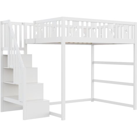 Lit mezzanine enfant 140 x 200 avec escalier, bois, barrière de sécurité, blanc (1/5)