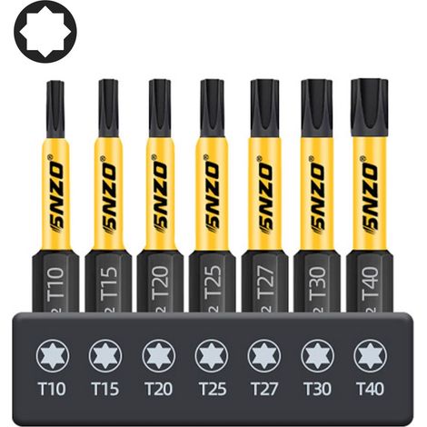 Lot de 7 embouts Torx pour visseuse à percussion, T10 – T40, 2 pouces (50 mm) S2 en acier allié, lot d'embouts étoile inviolables (1/4)