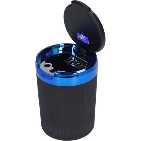 Blauer LED-beleuchteter Auto-Aschenbecher mit Deckel, wiederaufladbar, kabellos funktionsfähig, ideal für Zuhause und Fahrzeug. (1/5)