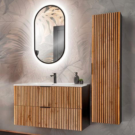 Petits-Meubles – Ensemble de meubles de salle de bain 100 cm – Vasque encastrée en céramique – Colonne en bois noir – Installation murale recommandée (1/5)