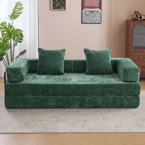 Canapé-lit compressible Chenille vert,Canapé plancher pliable 3-en-1 sans assemblage nécessaire,Canapé Loveseat doux pour le salon (1/5)