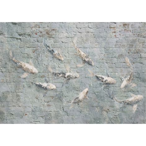 Papier Peint 312x219 Poissons Japonais sur Brique Grise Facile à Appliquer Décor Original (1/3)