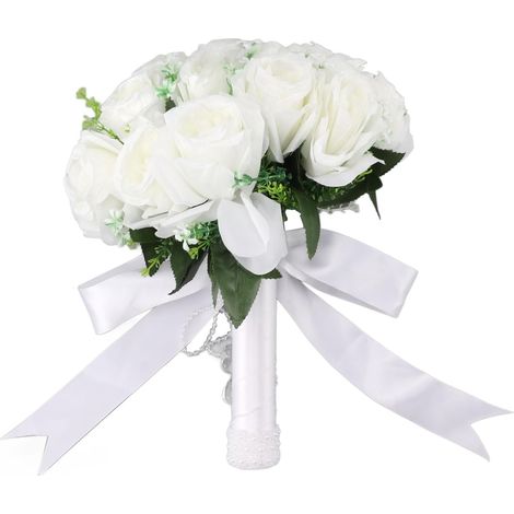 White Hand Bouquet with Artificial Roses and Pearls for Wedding Photography (1/5)