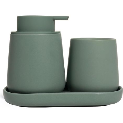 Ensemble de salle de bain vert 3 pièces en céramique - Accessoires de salle de bain décoratifs - Contient un distributeur de savon, un gobelet à brosse à dents et une étagère de salle de (1/5)