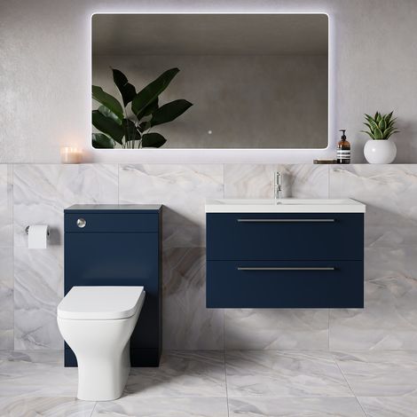 Napoli 390 Deep Blue 1300mm Wall Mounted 2 Drawer Vanity Unit and Toilet Suite with Glide Basin - 1300mm - Chrome 480mm HandleWith Kingston Toilet Pan and Seat