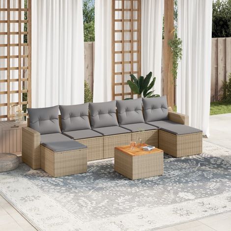 Ensemble Salon Jardin 8 Places Résine Tressée Beige avec Coussins Gris - Canapé, Siège Central, Table Acacia et Repose-Pieds Modulables (1/3)
