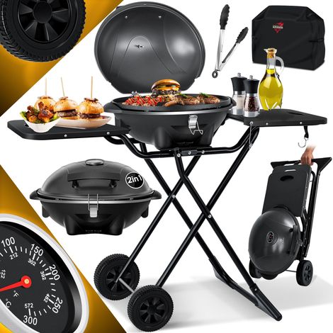 KESSER® Parrilla eléctrica de sobremesa 2en1 - Parrilla de pie con tapa y soporte, máx. 2400 vatios, plegable, termómetro, revestimiento antiadherente, Set con tapa y pinzas para grill, Negro (1/5)