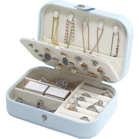 Boîte à bijoux de voyage, boîte à bijoux en PU pour femmes et filles, mini étui de voyage portable pour ranger boucles d'oreilles et bagues, bleu turquoise. (1/5)