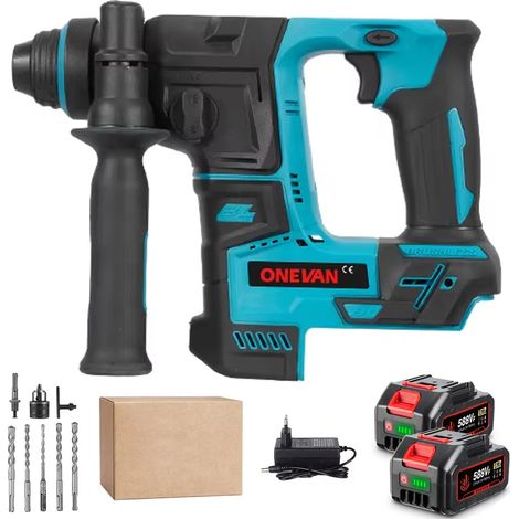 Marteau perforateur 27 mm sans balais, perceuse à percussion sans fil multifonction, marteau rotatif compatible batterie Makita 18V, avec 2 batteries + 8 accessoires + boîte en carton (1/5)