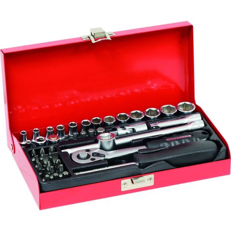 Drakkar Equipement – Coffret cliquet et douilles 1/4' – 42 pièces en acier chrome vanadium – Cliquet réversible 36 dents – Longueur douilles 3,2-14 mm (1/6)