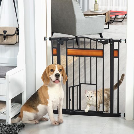 Barrière de sécurité pour animaux avec double système de verrouillage, sans perçage, 74 à 80 cm, acier, pin noir (1/5)