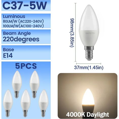 (C37 4000K, AC220-240V) Lot de 5 ampoules LED, culot E14, sans scintillement (1/3)
