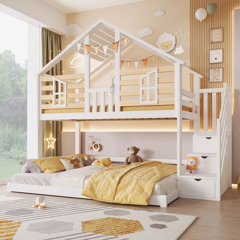 Lit superposés 90x200cm + 140x200cm avec échelle de rangement,lit cabane enfants,fenêtres,cadre de lit enfant,blanc+naturel