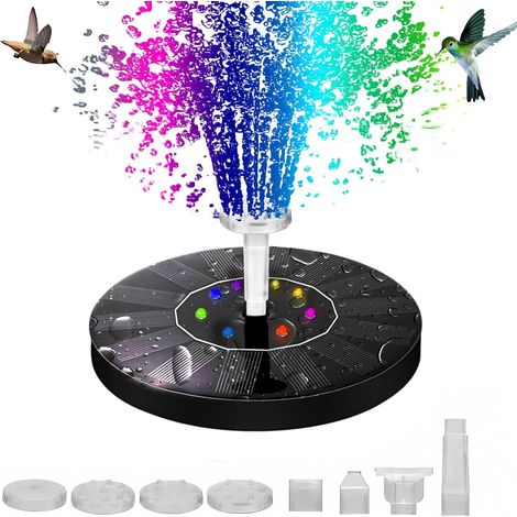 Pompe à fontaine solaire - Avec 7 buses et 4 fixations - Éclairage LED multicolore - Panneau en verre amélioré - Convient pour bain d'oiseaux, jardin, bassin, aquarium et piscine (1/5)