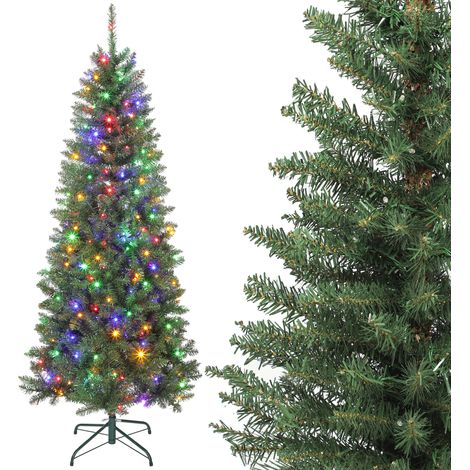 Albero di Natale artificiale da 180 cm, albero di Natale sottile con 250 luci, 899 punte, supporto in metallo pieghevole, verde