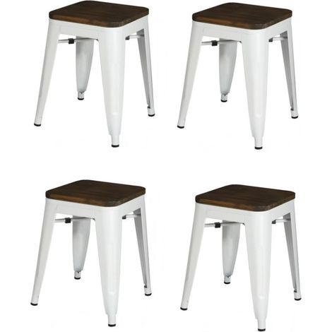 Lot de 4 tabourets en métal et bois "Liv" - Blanc - H 46 x L 39 x P 39 cm - Livraison gratuite (1/3)