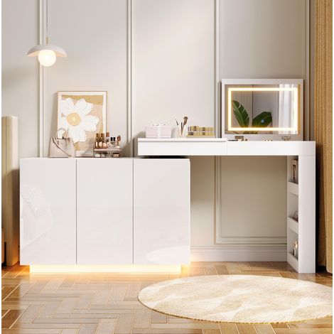 Schminktisch 100x40x80 cm, drehbar, LED Spiegel, klappbar, Spanplatte, Weiß (1/5)