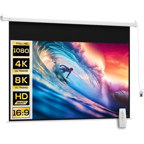 Écran vidéoprojecteur 100 Pouces, 16:9 4K HD écran de projection motorisé et électrique, écran de projection tv et home cinéma, montage mural ou plafond, panneau de commande et télécommande