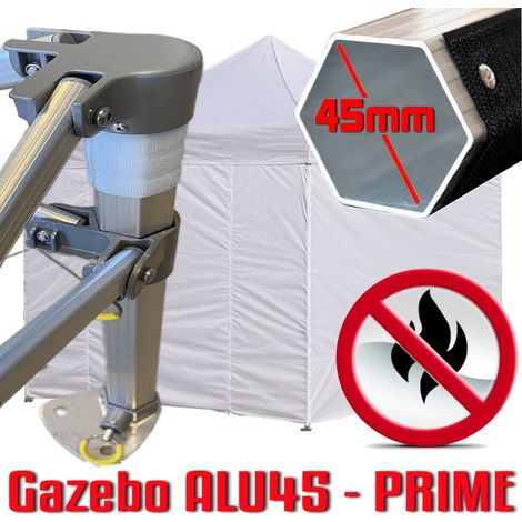Gazebo 3x3 m bianco certificato IGNIFUGO pieghevole alluminio piantone esagonale 45mm portatile estendibile richiudibile estensibile acciaio con laterali per fiere eventi stand chiosco tenda tendone m (1/5)
