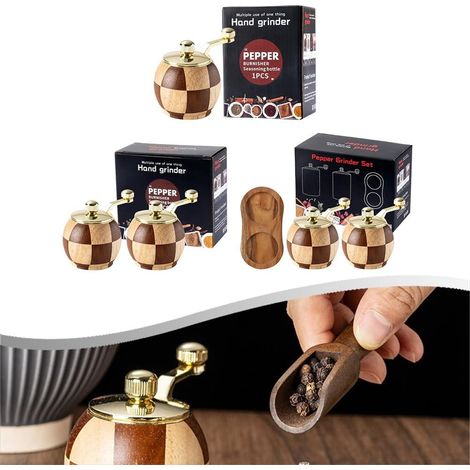 Moulin à poivre en bois massif avec motif damier, pour la de sel (1/5)
