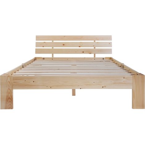 Cama doble de madera de pino natural 140 x 200 cm con cabecero y somier de láminas (1/5)