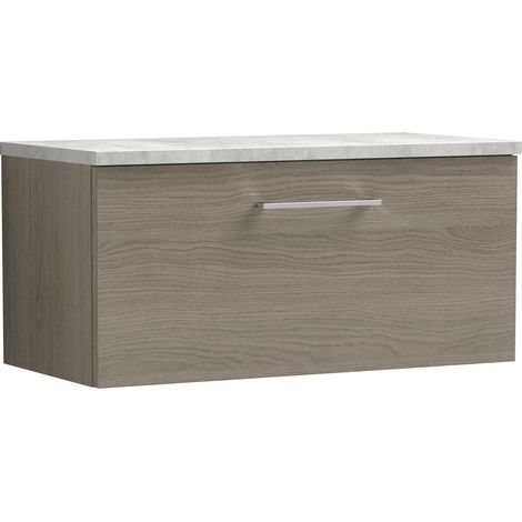 Nuie Arno Wall Hung 1-Drawer Vanity Unit with Bellato Grey Worktop 800mm Wide - Solace Oak Woodgrain (1/5)