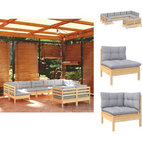 Gartenmöbel-Sets - Living 9-tlg. Garten-Lounge-Set mit Grauen Kissen Kiefer Massivholz (1/5)