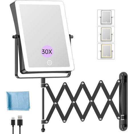 5000mAh Miroir Maquillage Lumineux Rechargeable, 8,7" Double Usage 1X/30X Grossissement, Miroir Grossissant Mural, 3 Températures de Lumière, Réglable en Luminosité, Pivotant 360° (Noir) (1/5)