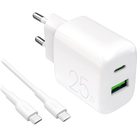 USB-A/USB-C-Wandladegerät mit USB-C-Kabel, 25 W, 1,2 m – Weiß (1/3)