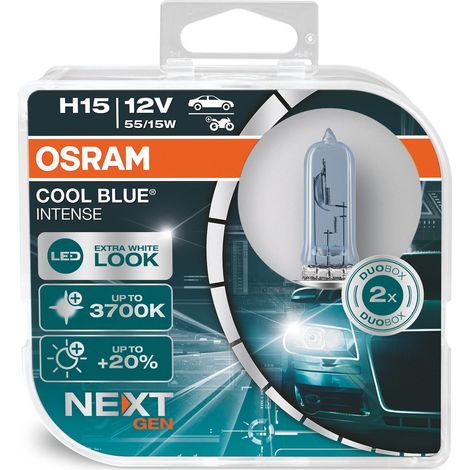 OSRAM COOL BLUE INTENSE H15, +20% luminosa, fino a 3700K, lampada alogena, look LED, duo box (2 lampade) (1/4)
