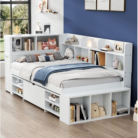 Letto bambini 90x200 cm con cassetti, libreria e vano portaoggetti, rete a doghe in compensato, bianco, senza materasso (1/5)