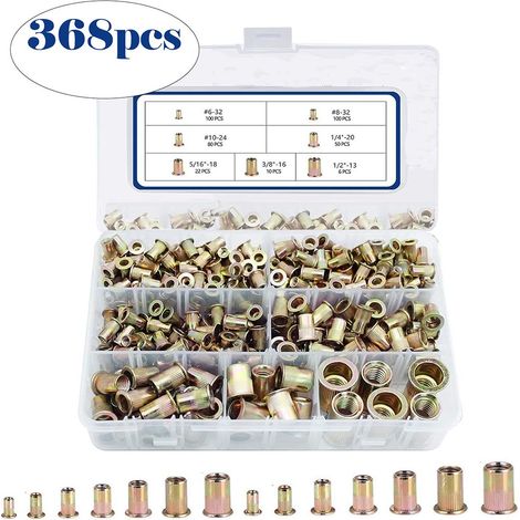 Kit de 368 écrous à sertir moletés, écrous filetés en alliage de zinc, assortiment (1/3)